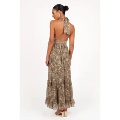 Petal And Pup Lennon Halterneck Maxi Dress - Olive Floral M